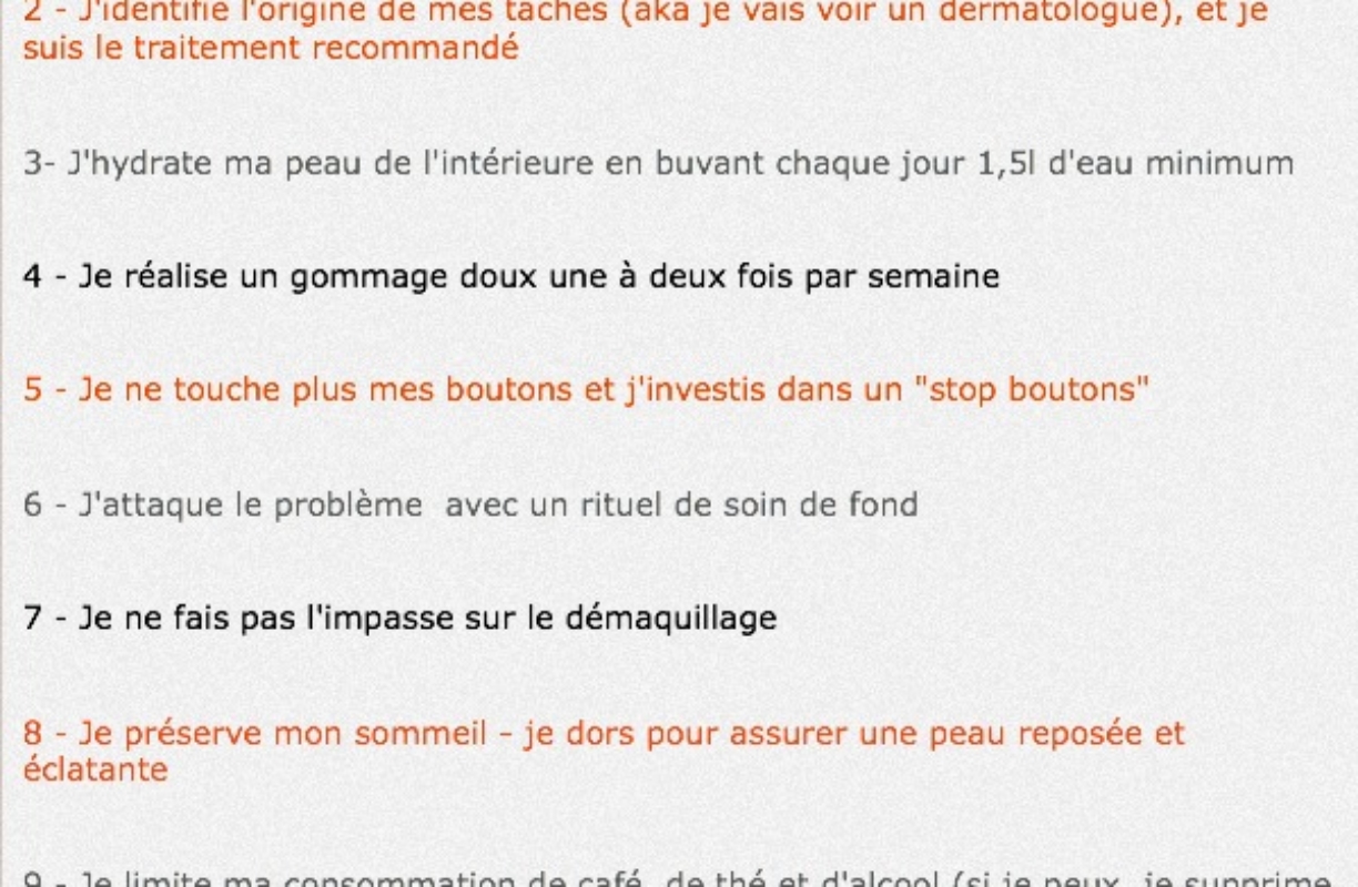 Fiche mémo : 10 conseils pour avoir un teint éclatant et sans taches ! (sans recos de marques)