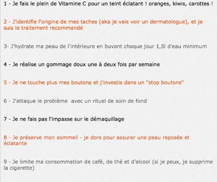 Fiche mémo : 10 conseils pour avoir un teint éclatant et sans taches ! (sans recos de marques)